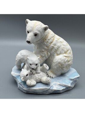 Vintage Homco Porcelain Sculpture Polar Bear and Cubs Figurine Endangered